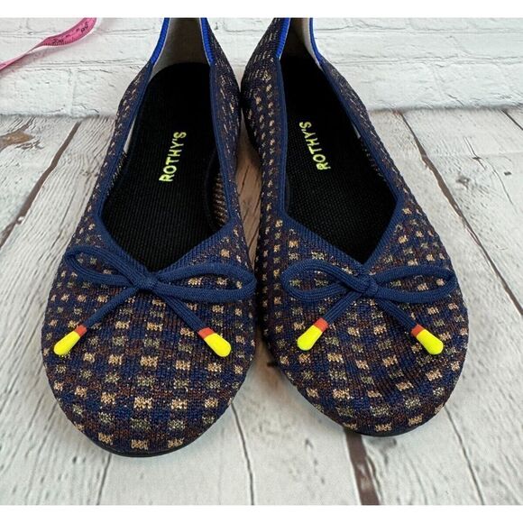 NEW! ROTHY'S blue brown gold check bow flat ballerina shoes 10 - Picture 3 of 10